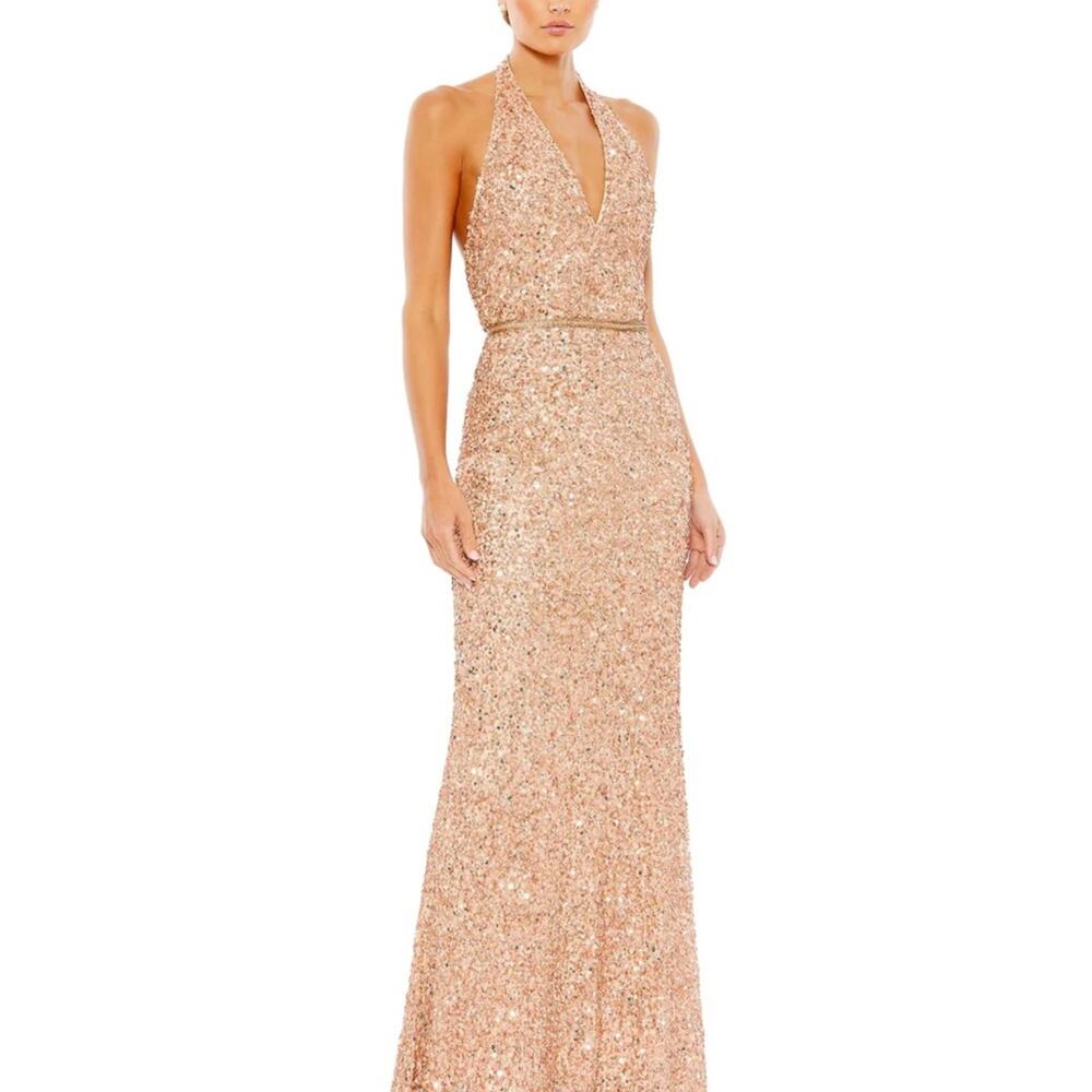 NWOT MAC DUGGAL Apricot Sequin V-Neck Halter Open Back Gown Women’s
